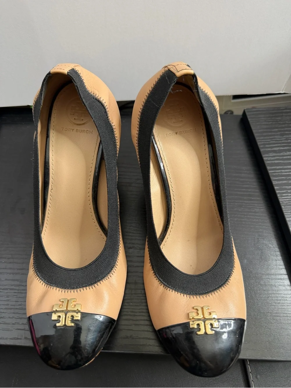 Tory Burch Tan Leather Heels with Black Patent Cap Toe and Gold Logo